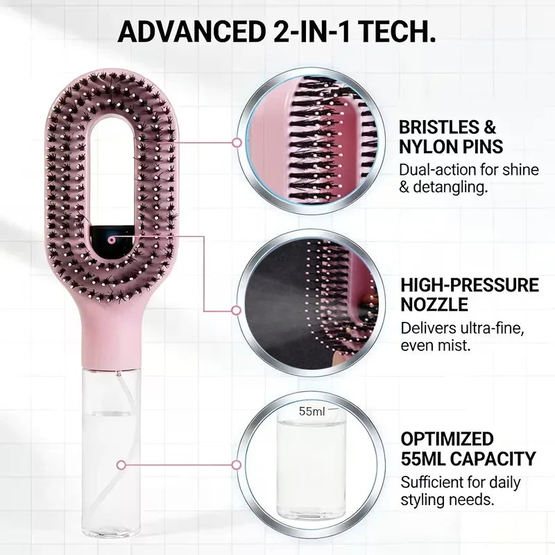 2pcs Hair Spray Comb with Rat Tail Comb Anti-Static Portable Hairbrush with Refillable Bottle Frizz Control Hair Styling Tools