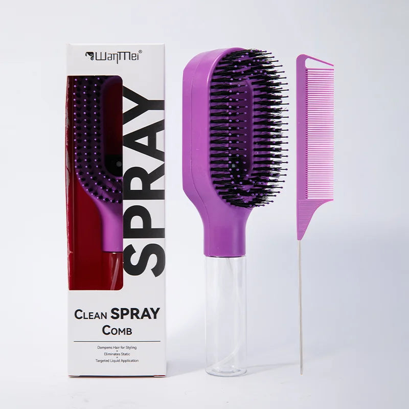 2pcs Hair Spray Comb with Rat Tail Comb Anti-Static Portable Hairbrush with Refillable Bottle Frizz Control Hair Styling Tools