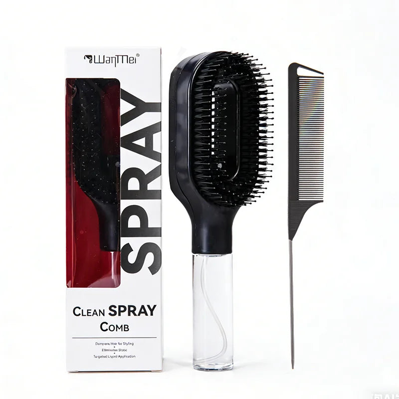 2pcs Hair Spray Comb with Rat Tail Comb Anti-Static Portable Hairbrush with Refillable Bottle Frizz Control Hair Styling Tools