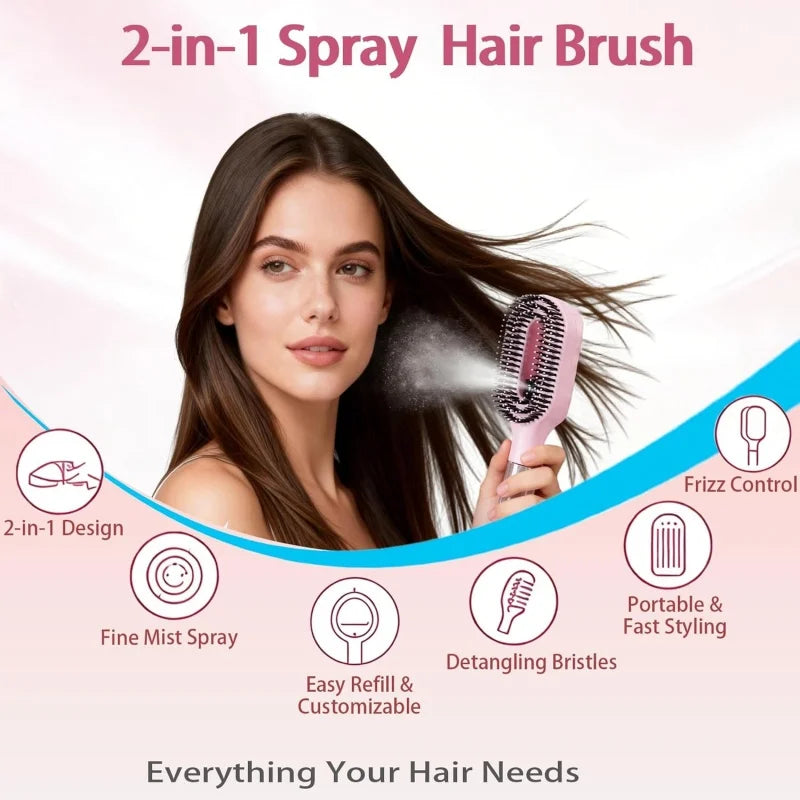 2pcs Hair Spray Comb with Rat Tail Comb Anti-Static Portable Hairbrush with Refillable Bottle Frizz Control Hair Styling Tools